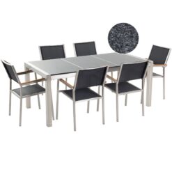 Beliani - 6 Seater Garden Dining Set Triple Grey Granite Top Black Chairs Grosseto