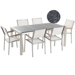 Beliani - 6 Seater Garden Dining Set Triple Grey Granite Top White Chairs Grosseto