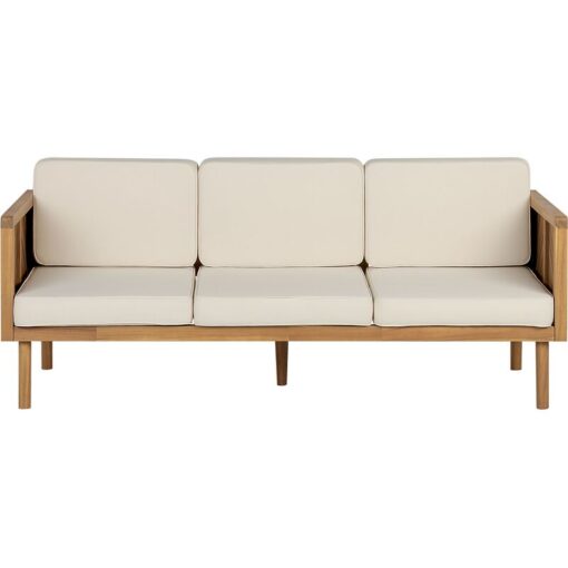 Beliani - Modern Outdoor Patio 3 Seater Garden Sofa Acacia Wood with Light Beige Cushions Baratti