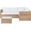 Beliani - Rattan Garden Set Corner Sofa Coffee Table Glass Top Wicker Cushions Light Wood Off-White Avola