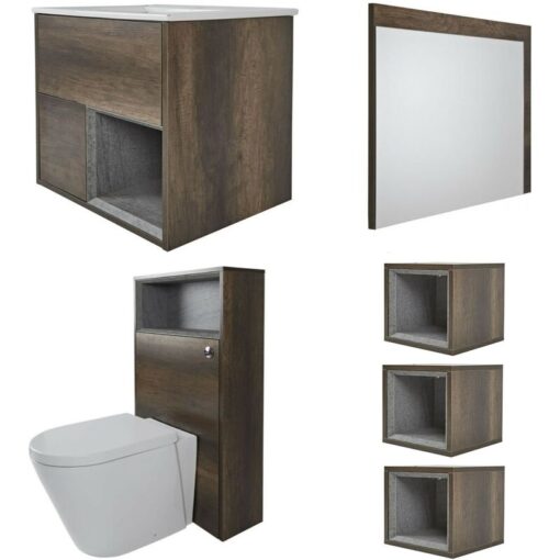 Bexley - Dark Oak 610mm Bathroom Furniture Set with Vanity Unit&44 Toilet wc Unit&44 Mirror and Three Cube Storage Units - No led Lights - Milano