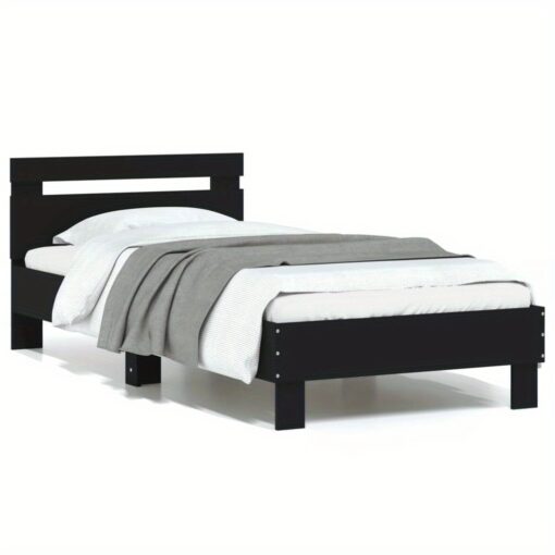 Black Bed Frame With Headboard 90x200 Cm Wood Construction Plywood Slats For Durability No Mattress Included