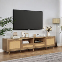 Brown Braided Rattan TV Console Table With Solid Wooden Feet Up To 90 Inches TV