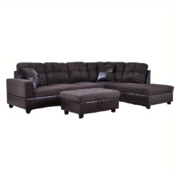 Brown Lint Pvc 3-piece Couch Sofa Set With Storage Footstool And Button Tufted Backrest, Modern Living Room Sofa Set For Living Room, Home, Office,