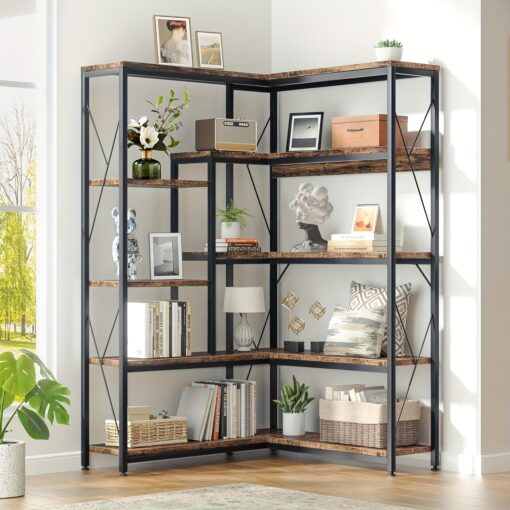 Celebalcony 5-tier Corner Bookshelf, Industrial Corner Bookcase, Book Shelves With Metal Frame, Large Open Display Bookshelves