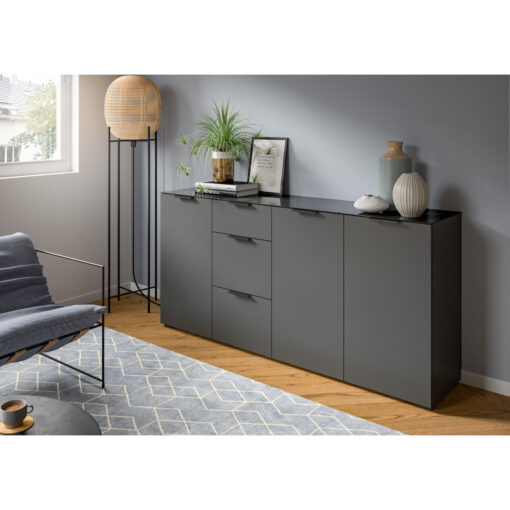 Chest of drawers (W/H/D: 179 x 86 x 40cm) in anthracite imitation with glass contrast