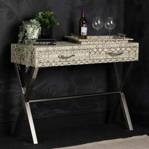 Console Table for Living Room Furniture, 2 Drawers Faux Leather Pattern Designed