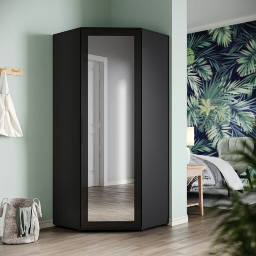 Corner Large Mirrored Wardrobe with 2 Hanging Rails and 5 Storage Shelves, Modern Black High Gloss & Matt Bedroom Closet Storage, Space Saving Design