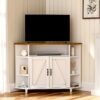 Corner Storage Cabinet, Corner Farmhouse Coffee Bar Cabinet With 7 Adjustable Shelves And Barn Doors For Small , White