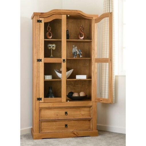 Corona 2 Door 2 Drawer Glass Display Unit Distressed Waxed Pine Glass