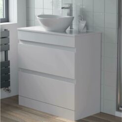 Countertop Vanity Unit & Basin Floor Standing Bathroom Furniture Drawer White Gloss 800mm with 410mm Oval Basin