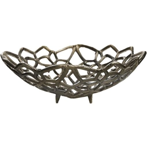 Decorative Metal Fruit Bowl Openwork Round Dish Weathered Silver Babylon