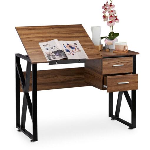 Desk Tilting, Adjustable Worktop Surface, Laptop Table or Drawing Desk, hwd 75x110x55cm, Wood/Black - Relaxdays