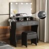 Dressing Table Set 3- Lighted & & Upholstered Stool, Makeup Desk Drawers & Cabinets For