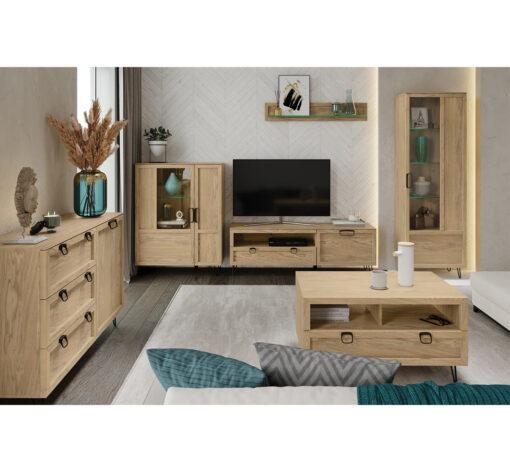 Dunn Manufactured + Solid Oak Wood 1-Door 1-Drawer TV Unit for TVs up to 70"