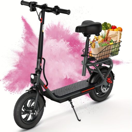 Electric Scooter For Adults With Seat, 20 Miles Long Range & 19 Mph Power By 300w Motor, 12" Pneumatic Tire & Height Adjustable Seat