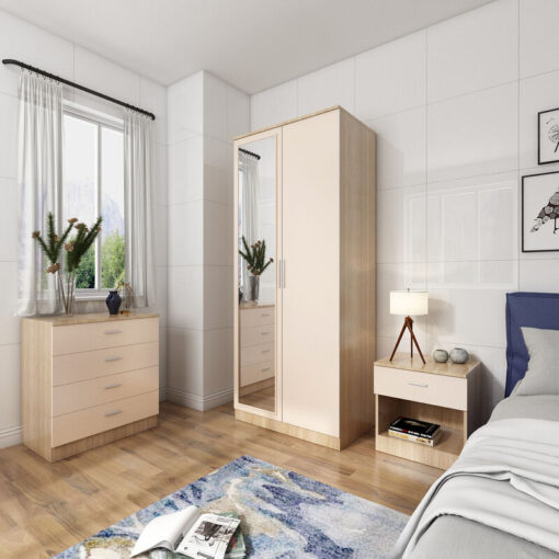 Elegant - 3 Piece Bedroom Furniture Sets, 2 Door Soft Hinge Mirrored Wardrobe with Mirror, 4 Drawer Chest of Drawers, Beside Cabinet, Cream/Oak