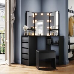 Elegant - Bedroom Furniture Corner Dressing Table Makeup Desk with 3 Large Mirrors 5 Drawers, Black Dresser Set with Stool + led Mirror Lights