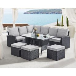 Evre - 9 Seat Marylin Corner Sofa & Dining Rattan Garden Furniture Set for Indoor Outdoor Patios Gardens Conservatories Black