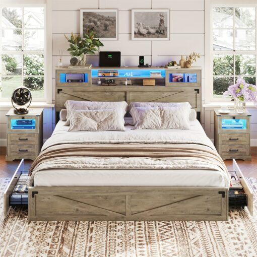 Farmhouse Platform Bed Frame With Drawers And Storage Shelves, King Metal Bed With Led Lights And Power Outlets, Oak Grey