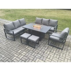 Fimous Aluminium 6 Pieces Garden Furniture Sofa Set with Cushions 9 Seater Gas Fire Pit Dining Table Set with 2 Small Footstools Dark Grey