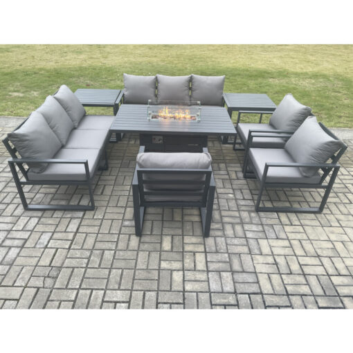 Fimous Aluminium Garden Furniture Outdoor Set Patio Lounge Sofa Gas Fire Pit Dining Table Set with 3 Armchair 2 Dark Grey