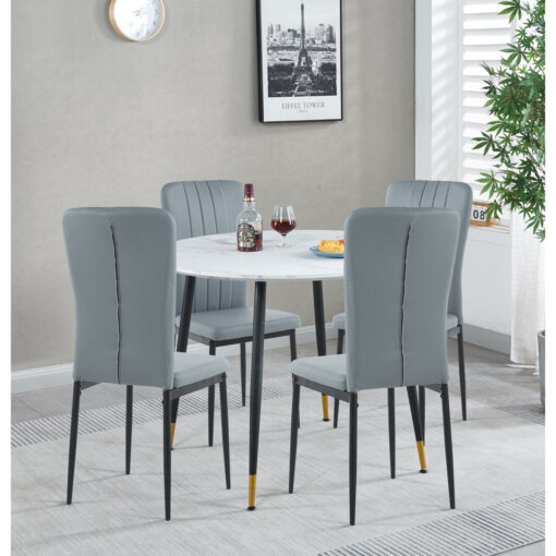 Finley Small Round Dining Table In Black Finish With 4 Light Grey Faux Leather Chairs