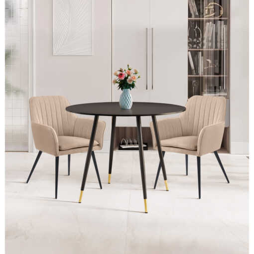 Finley Small Round Dining Table In Finish With 2 Fabric Armed Chairs