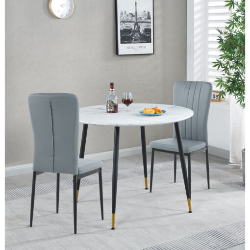 Finley Small Round Dining Table In Finish With 2 Light Grey Faux Leather Chairs