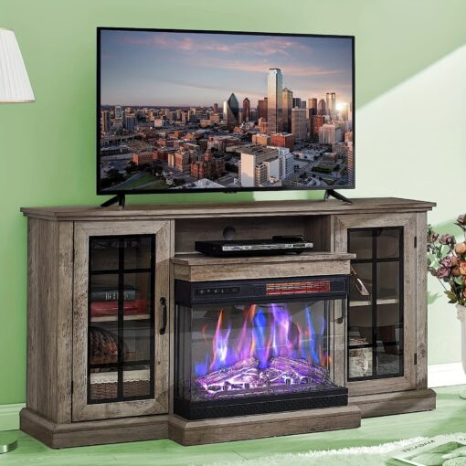 Fireplace Tv Stand With 3-sided Glass For Tvs Up To 65" With 12 Color Options, Media Console Table With Enclosed Storage And Doors, Wash Gray