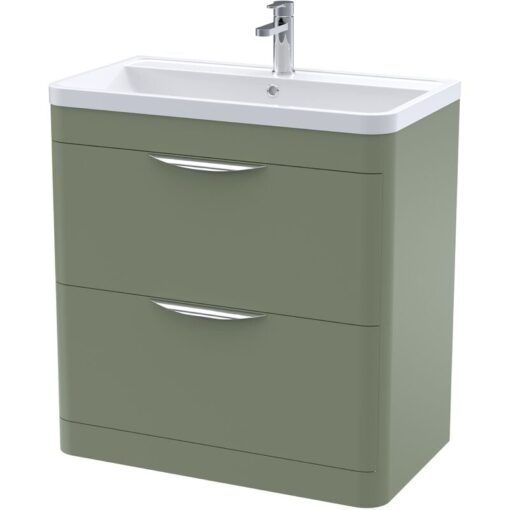 Floor Standing 2 Drawer Vanity Unit with Polymarble Basin - 800mm - Satin Green