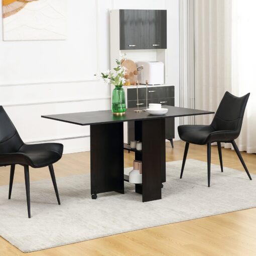 Folding Dining Table, Drop Leaf Table For Small With 2-tier Shelves, Small Kitchen Table With Rolling Casters, Black