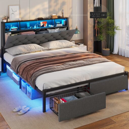 Full Size Bed Frame With Charging Station And Led Light, Metal Bed Frame With Storage Headboard And Drawers, Morden Platform Bed, Dark Grey