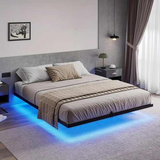 Full Size Frame Metal Platform Bed With Led Lights, Full Frame With 4 Mattress Slide Stopper, Black