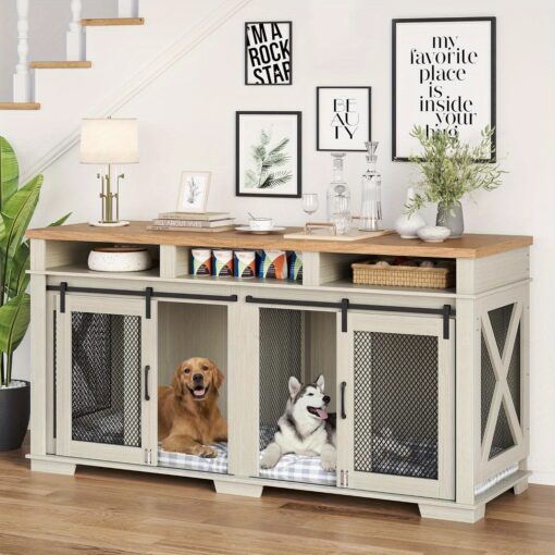 Furniture Style Large Dog Crate For 2 Dogs, 71 Inch Wood Dog Kennel, Dog Crate End Table With Double Doors Divider Tv Cansole Table, Indoor Dog Cage