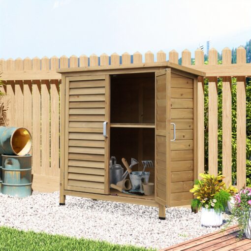 Garden Shed Wooden Garden Storage Shed 2 Door Unit Solid Fir Wood Garage Tool Organisation Cabinet, 87l X 46. 5w X 96. 5hcm, Natural