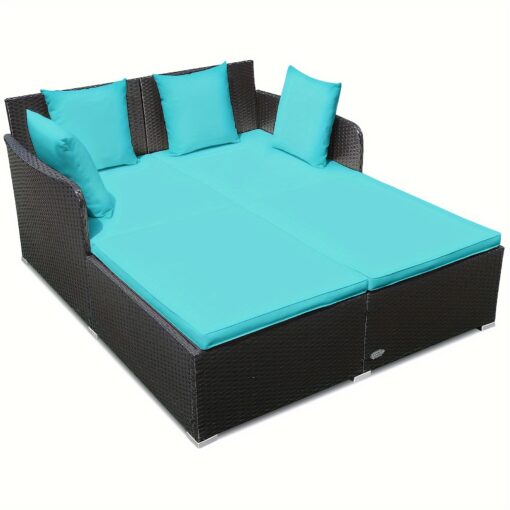 Giantex Rattan Daybed Patio Loveseat Sofa Set, Wicker Patio Furniture W/padded Cushion & And Sturdy Foot, Turquoise