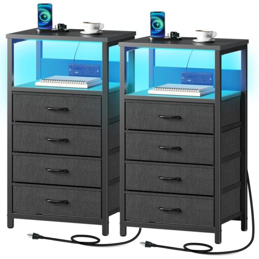 Greenstell Nightstand With Charging Station And Led Light Set Of 2, Side Table With 3/4 Fabric Drawers, Bedside End Table With Usb Ports And Outlets,