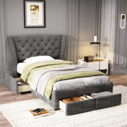 Grey Snowflake Fleece Upholstered Bed With 4 Drawers Storage Bed