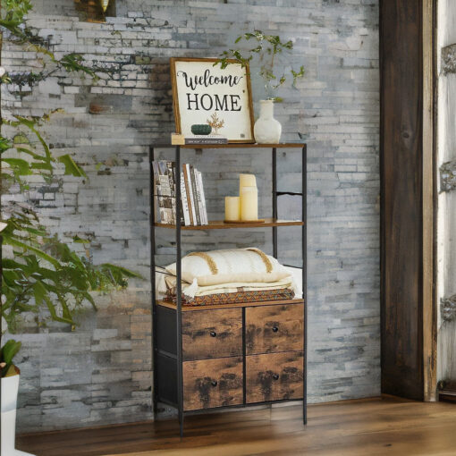 Guein Accent Bookcase Cabinet with 6 Drawers Industrial Rustic Brown Living Room Furniture