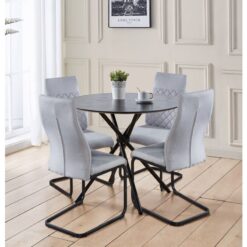 Hallowood Furniture - Cullompton Black Dining Table and Chair Set 4, Wooden Effect Top Round Table, Small Kitchen Table and Light Grey High Back