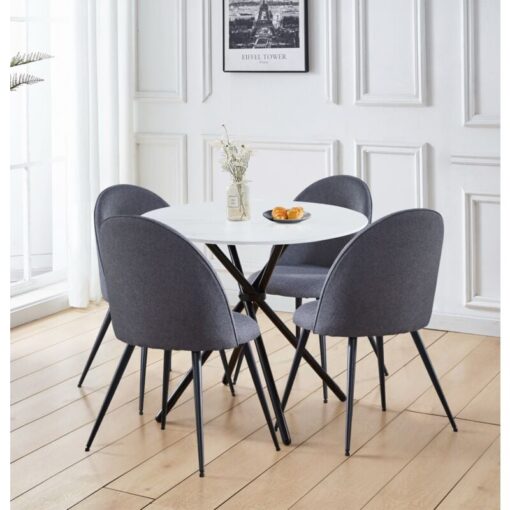 Hallowood Furniture - Cullompton Dining Table and Chairs Set 5, White Marble Effect Dining Table with Curved-back Grey Chairs, Small Round Table with