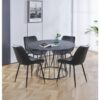 Hallowood Furniture - Cullompton Large Dining Table and Chairs Set 4, Round Table with Grey Marble Effect Top and Black Bonded Leather Chairs, Dining