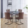 Hallowood Furniture Cullompton Large Dining Table and Chairs Set 4, Round Table with Grey Marble Effect Top and Brown Leather Effect Chairs, Dining