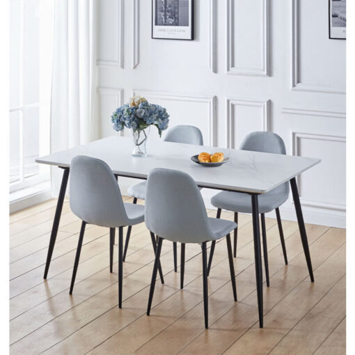 Hallowood Furniture - Cullompton Large Dining Table and Chairs Set 4, White Marble Effect Top and Black Metal Legs Dining Table (160 x 80cm) and