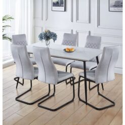 Hallowood Furniture - Cullompton Large Dining Table and Chairs Set 6, White Marble Effect Top and Black Metal Legs Dining Table (160 x 80cm) and