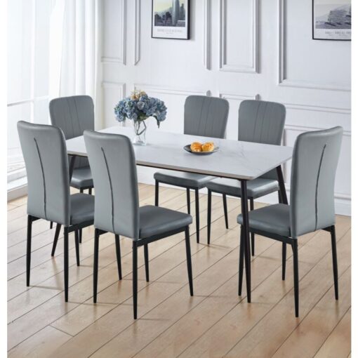 Hallowood Furniture - Cullompton Large Dining Table and Chairs Set 6, White Marble Effect Top and Black Metal Legs Dining Table (160 x 80cm) and Grey