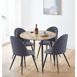 Hallowood Furniture - Cullompton Small Dining Table and Chair Set of 4, Oak Effect Top Round Dining Table and Curved-Back Grey Dining Chairs, Dining