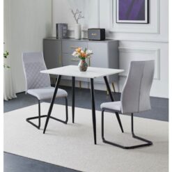 Hallowood Furniture - Cullompton Small Dining Table and Chairs Set 2, White Marble Effect Top Kitchen Table (0.8m) and High-back Grey Fabric Chairs,