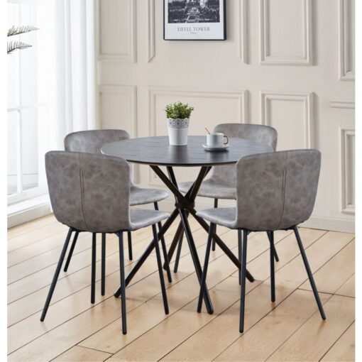 Hallowood Furniture - Cullompton Small Round Dining Table and Chairs Set 4, Black Wooden Effect Kitchen Table with Grey Leather Effect Dining Chairs,